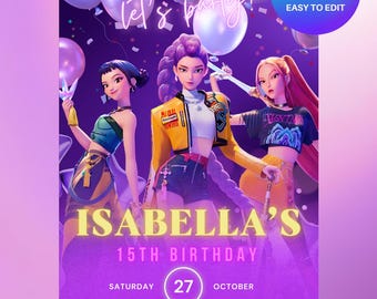 K-Pop Dämonenjäger Geburtstagseinladung - Bearbeitbare Canva Vorlage - Huntrix - Printable Party Digitale Einladung