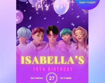 Kpop Geburtstagseinladung - Saja Boys Party, bearbeitbare Vorlage (PDF)