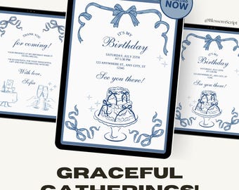 Blue Ribbon Geburtstagseinladung & Dankeskarten-Set (bearbeitbare Canva-Vorlage)