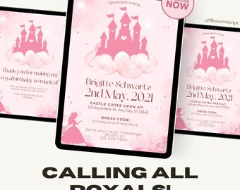 Prinzessin Geburtstagseinladung + Dankeskarte - Bearbeitbare Canva Vorlage