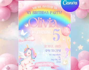 Einhorn-Geburtstags-Party einladen - Glitter Rainbow Design - Instant Download Printable für Mädchen Geburtstag