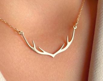 Gold Antler Necklace for Her, Minimalist Rustic Deer Pendant, Nature Lover Jewelry Gift