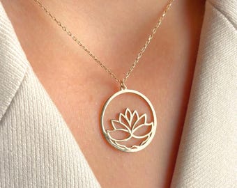 Lotus Necklace, Spiritual Jewelry, Yoga Meditation Pendant, Gold Charm, Mindfulness for Women