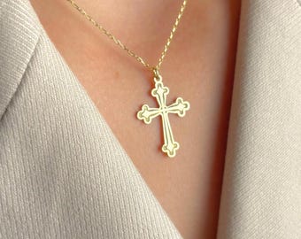 Gold Cross Necklace for Women, Dainty Christian Religious Pendant, Baptism Gift, Confirmation Jewelry