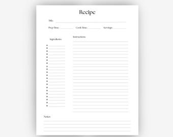 Może przedstawiać: Biała karta z przepisem z napisem "RECIPE SHEET" na górze. Karta zawiera sekcje na tytuł, czas przygotowania, czas gotowania, porcje, składniki, instrukcje i notatki. Na dole karty widnieje napis "PRINTABLE & FILLABLE PDF | UNDATED | A4 & US LETTER".