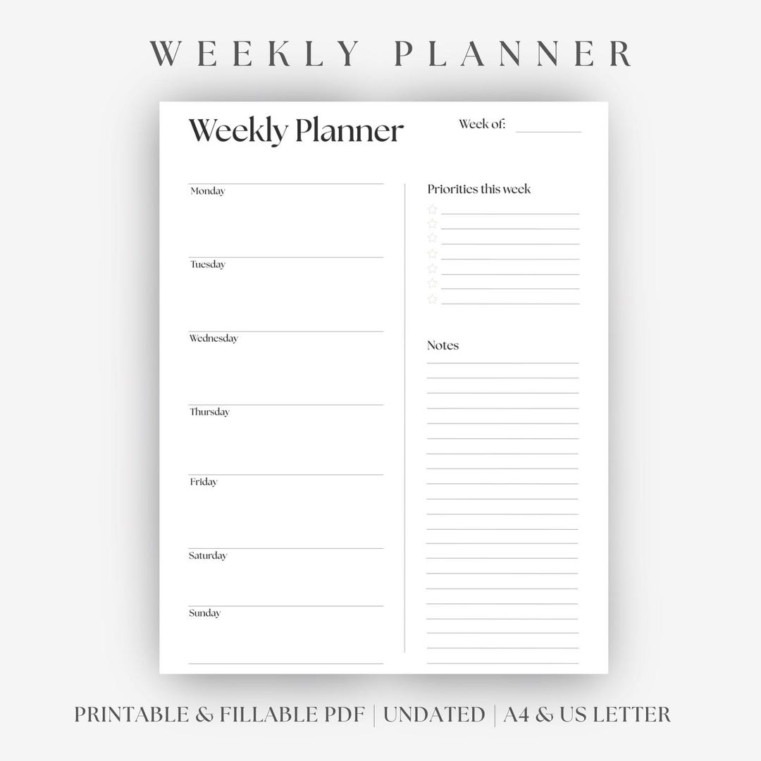 Weekly Planner | Minimalist Printable & Fillable PDF | Undated Digital ...