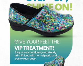 Floral Print Faux Leather Nursing Clogs | Easy-Clean Work Shoes