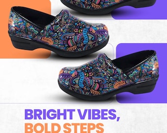 Zuecos de enfermería con diseño floral / Zapatos de trabajo sanitarios azules y rosas