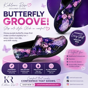 Purple Butterfly Nursing Clogs | Faux Patent Leather Work Shoes