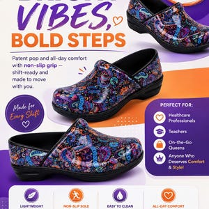 Floral Nursing Clogs | Blue & Pink Healthcare Work Shoes
