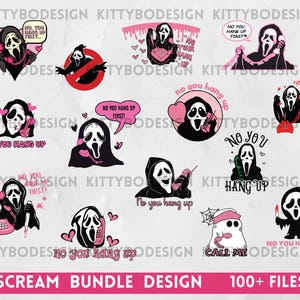 May include: A set of Scream-themed digital designs featuring the Ghostface killer. Designs include the character with a phone, hearts, and phrases like "No You Hang Up" and "Call Me". The designs are in black, white, and pink.