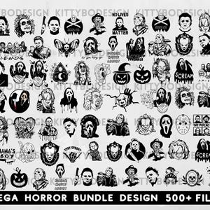 May include: A selection of black and white horror-themed graphic designs featuring iconic characters and imagery from popular movies. Includes images of Michael Myers, Beetlejuice, and the Scream mask. The text "MEGA HORROR BUNDLE DESIGN 500+ FILES" is at the bottom.