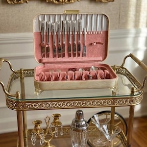 Mid century Oneida silverware flatware set community the finest silver plate set of 59 pieces pink 1950s