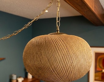 Mid century swag lamp rattan spun fabric string shade with chain wall plug and switch