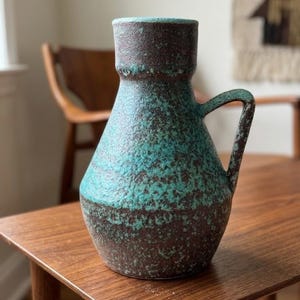Mid century heavy pottery pitcher stoneware clay vase large jug teal textured glaze