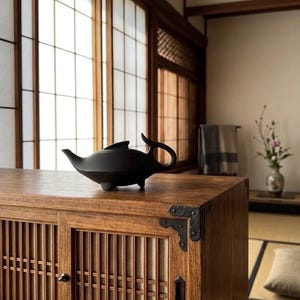 May include: A matte black ceramic teapot shaped like a stylized fish with a pointed spout, a curved handle, and a dorsal fin-like lid. The teapot features a smooth, dark finish and rests on small feet, showcasing a sleek and elongated silhouette.