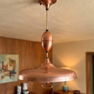 Mid century pull down chandelier pendant light dining room fixture saucer light atomic mcm copper color