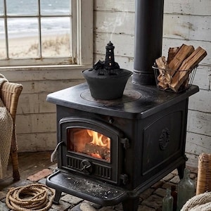 May include: A black cast iron wood-burning stove with a glass door showing flames inside. A black lighthouse-shaped incense burner sits on top, emitting a thin trail of smoke. A wire basket filled with chopped firewood rests on the stove top.
