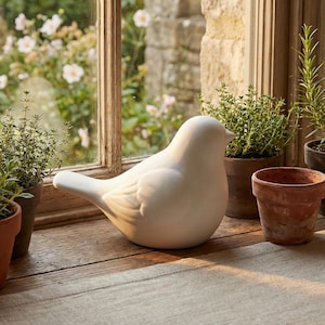 May include: A white ceramic bird figurine with a smooth finish sits on a wooden windowsill. The bird is positioned near potted plants and a window with a view of a garden. The scene is bathed in natural light.
