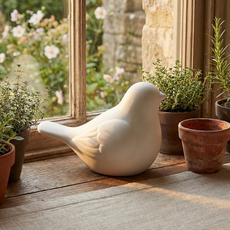 May include: A white ceramic bird figurine with a smooth finish sits on a wooden windowsill. The bird is positioned near potted plants and a window with a view of a garden. The scene is bathed in natural light.