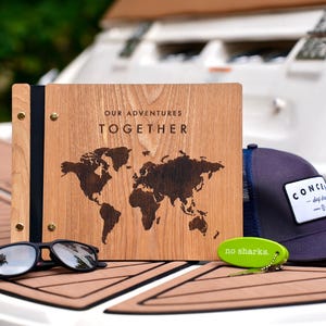 Engraved Wooden World Map Adventure Scrapbook: Photo Album (8.5 x 11)