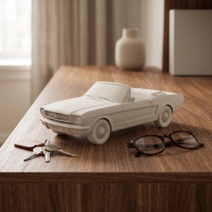 Peut inclure: Un modèle réduit blanc mat d'une voiture décapotable vintage avec une calandre détaillée, des phares ronds et des roues à rayons. À côté de la voiture se trouvent un trousseau de clés en métal sur un porte-clés en cuir marron et des lunettes.