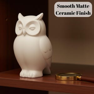 Könnte beinhalten: Eine weiße Eulenfigur aus Keramik mit glatter, matter Oberfläche. Die Eule hat geschlossene Augen, spitze Federohren und einen runden Körper. Ein Textfeld oben rechts zeigt Smooth Matte Ceramic Finish. Eine Lupe ist daneben zu sehen.