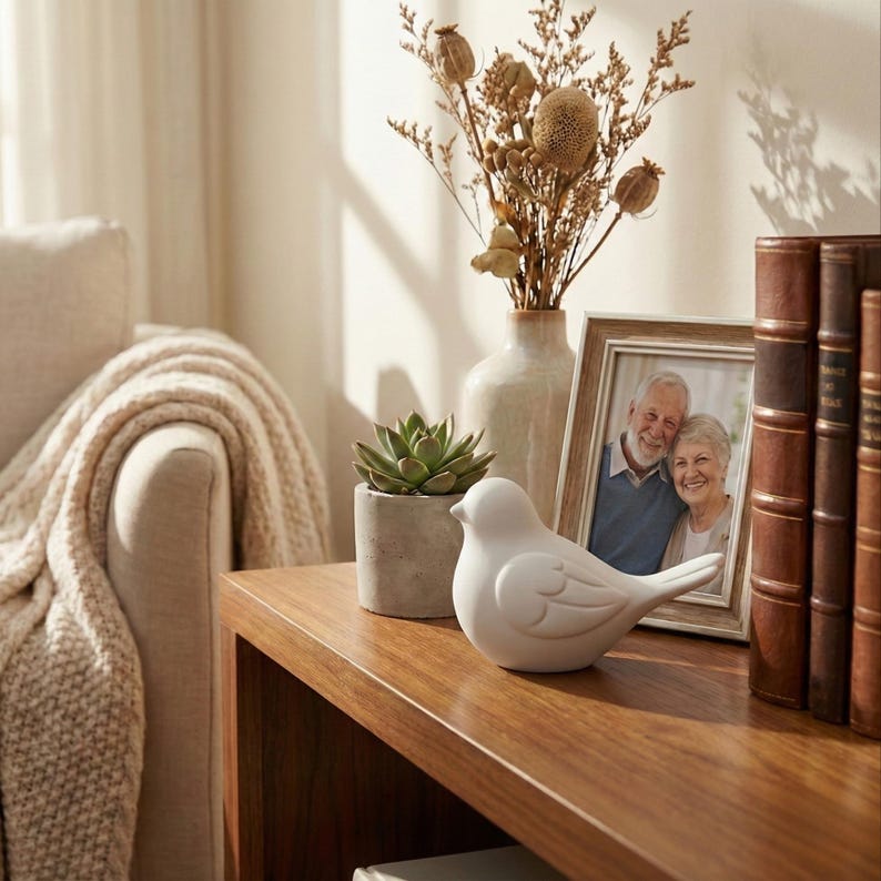 May include: A white ceramic bird figurine sits on a wooden table next to a framed photograph of an elderly couple. A small succulent in a concrete pot and a vase with dried flowers are also on the table. A cozy blanket drapes over an armchair.