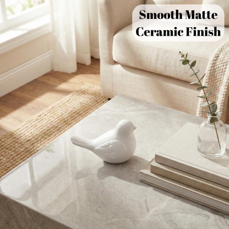 May include: A white ceramic bird figurine with a smooth matte finish sits on a marble-look coffee table. The text "Smooth Matte Ceramic Finish" is displayed in a white box. A small glass vase with greenery and a stack of books are also on the table.