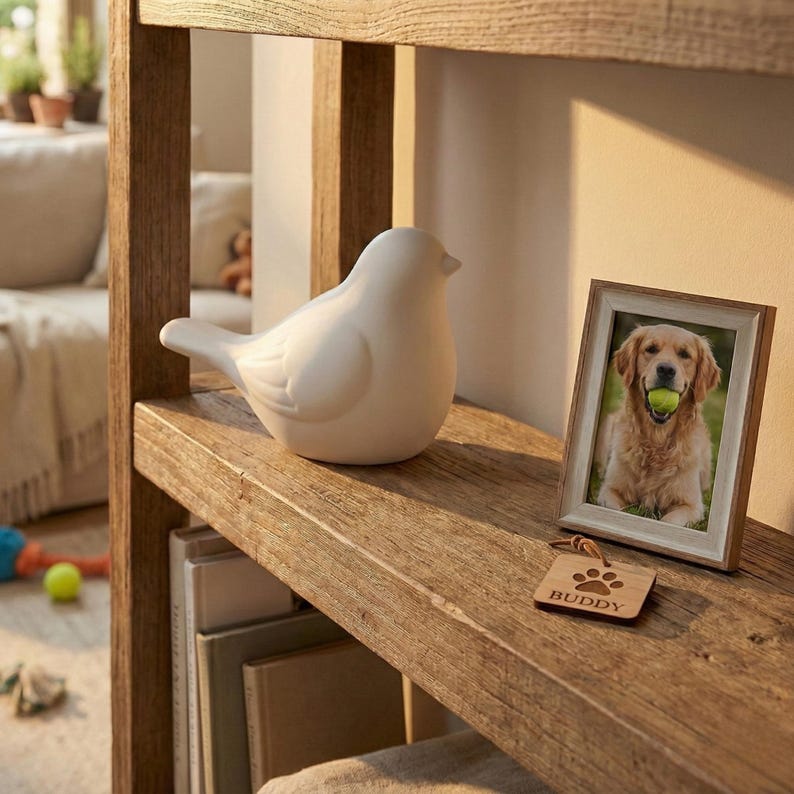 May include: A white ceramic bird figurine sits on a wooden shelf next to a framed photo of a golden retriever holding a tennis ball. A wooden tag with a paw print and the name "Buddy" hangs below the photo. The shelf is part of a wooden bookcase.
