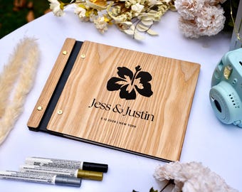 Hibiscus Flower Wooden Guest Book, Personalized Engraved Wood - Hibiscus Guestbook, Guest Book Wedding Beach, Made in USA