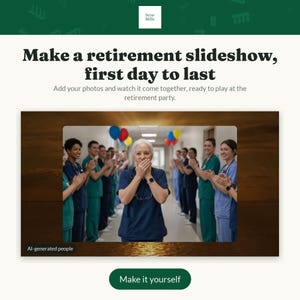 May include: A digital advertisement for a retirement slideshow service featuring the text Make a retirement slideshow, first day to last, with a central image of a group of medical professionals in scrubs clapping for a colleague in a hallway.