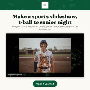 Może przedstawiać: Grafika cyfrowa z tekstem 'Make a sports slideshow, t-ball to senior night' oraz 'Add your photos and watch it come together, ready for senior night or the team banquet.' Przedstawia baseballistę w koszulce w paski.
