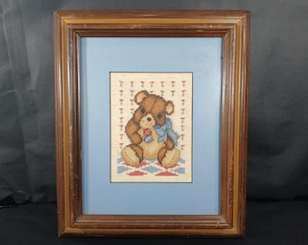 Vintage Framed Handmade Teddy Bear Completed Cross Stitch, 1990s Collectible Wooden Wall Hanging Decor
