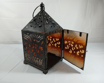 Vintage Metal Candle Lantern: Rustic Abstract Design, Made in India