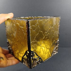 Vintage Mirrored Blenko Amber Stained and Crinkle Glass Decorative Trinket Box, Collectible Ornate Metal Base Square Valuables Storage Jar