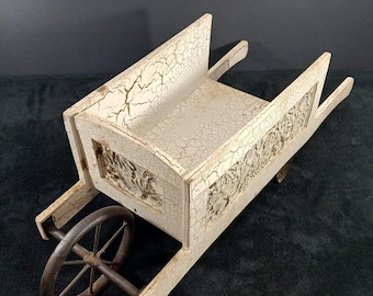 Vintage Small White Wood Wheelbarrow with Crackle Design, Carved Floral Art, Metal Wheel and Stand, Collectible Decorative Home Garden Decor