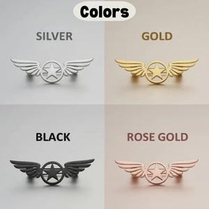 K&ouml;nnte beinhalten: Eine Sammlung von vier Metallfl&uuml;gel-Anstecknadeln in Silber, Gold, Schwarz und Ros&eacute;gold. Jede Nadel zeigt einen Stern in einem Kreis, flankiert von stilisierten Fl&uuml;geln. Das Wort "Colors" steht oben.