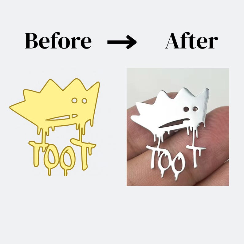 K&ouml;nnte beinhalten: Ein Vergleichsbild, das ein goldenes Kronen-Design mit dem Wort "TOOT" zeigt, das heruntertropft, und einen silbernen Anh&auml;nger mit demselben Design. Der Text "Vorher" und "Nachher" steht &uuml;ber den Bildern.