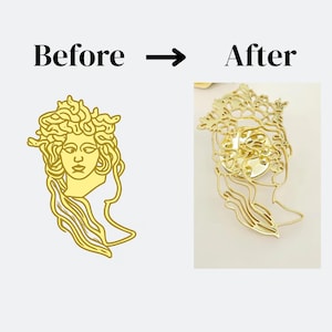K&ouml;nnte beinhalten: Ein Vergleichsbild, das ein goldenes Medusa-Kopf-Design vor und nach der Bearbeitung zeigt. Links ein massives Design, rechts eine detaillierte, offene Version. Der Text "Before -> After" steht oben. Geeignet f&uuml;r Schmuck oder Dekoration.