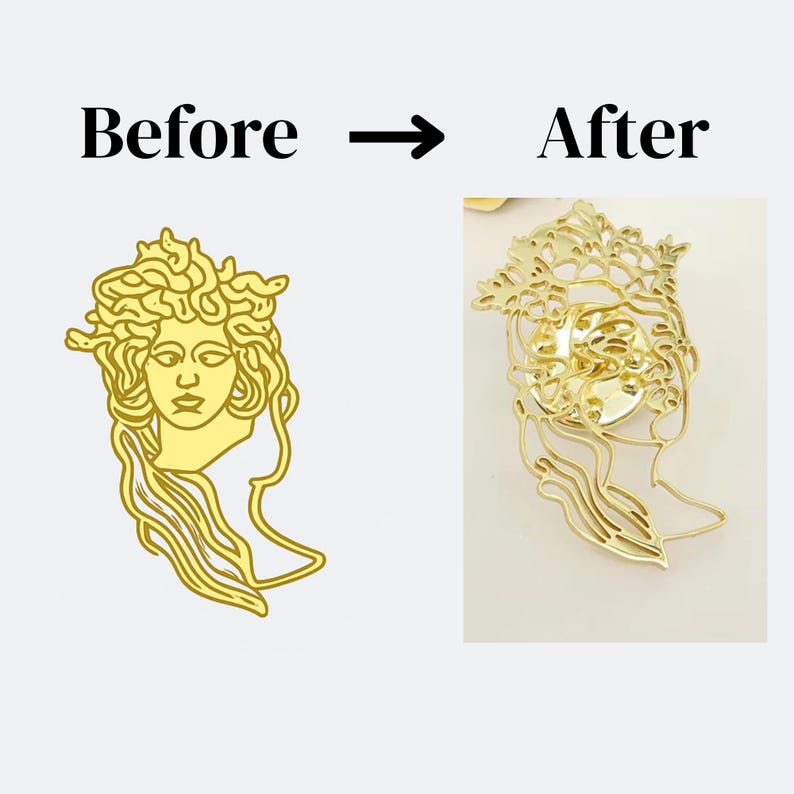 K&ouml;nnte beinhalten: Ein Vergleichsbild, das ein goldenes Medusa-Kopf-Design vor und nach der Bearbeitung zeigt. Links ein massives Design, rechts eine detaillierte, offene Version. Der Text "Before -> After" steht oben. Geeignet f&uuml;r Schmuck oder Dekoration.