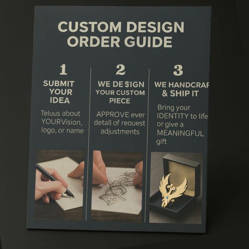 K&ouml;nnte beinhalten: Eine dunkelgraue Karte mit dem Text "CUSTOM DESIGN ORDER GUIDE" und drei Schritten: "SUBMIT YOUR IDEA", "WE DESIGN YOUR CUSTOM PIECE" und "WE HANDCRAFT & SHIP IT". Die Karte zeigt einen goldfarbenen Anstecker in einer schwarzen Box.