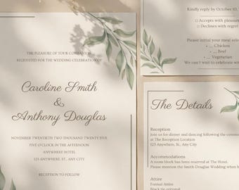 May include: Wedding invitation suite with three cards and a sprig of dried flowers. The invitation card features the names Caroline Smith & Anthony Douglas. The RSVP card includes a reply by date. The details card lists reception and accommodation information.