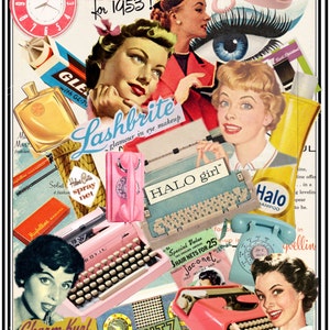 RETRO inspired digital collage ART 8x10 print working women 1950 phones-typewriters-beauty products - a walk down memory lane