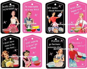 RETRO attitude and sass- ladies 1950 PINK and black pyrex apron hang tags-journals-albums- digital delivery