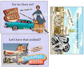 new rEtRo SASSY notecards-postcards road trip 50's style  route 66 inspired 4x6 set of THREE digital delivery