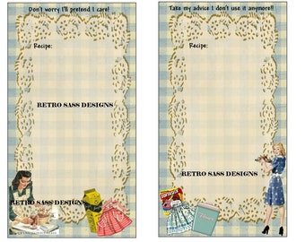 NEW retro inspired 4 RECIPE cards 4x8 PICNIC shabby turquoise gingham/white paper doily bk party favors digital delivery journals