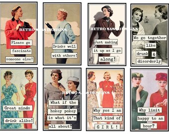 RETRO ladies with attitude and sassy sayings large TAGS-JOURNAL cards set of 8 3x4ish digital delivery