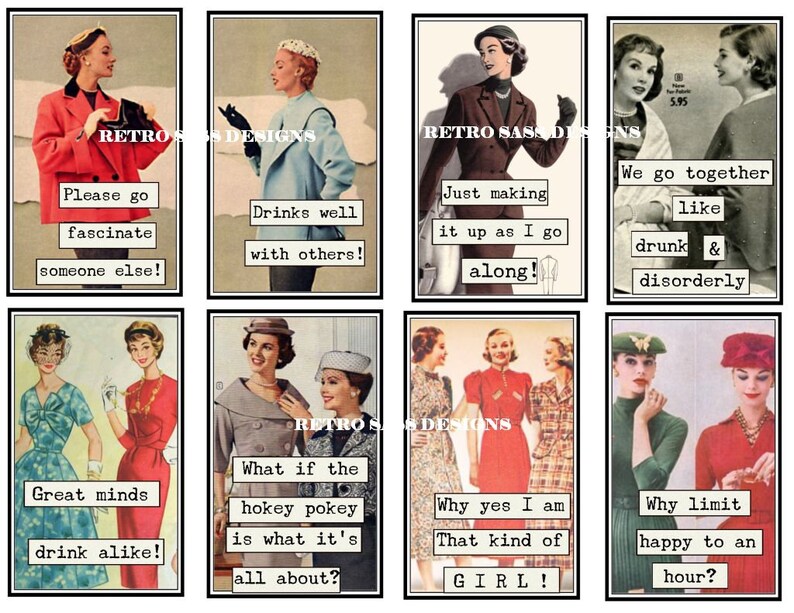 RETRO ladies with attitude and sassy sayings large TAGS-JOURNAL cards set of 8 3x4ish digital delivery