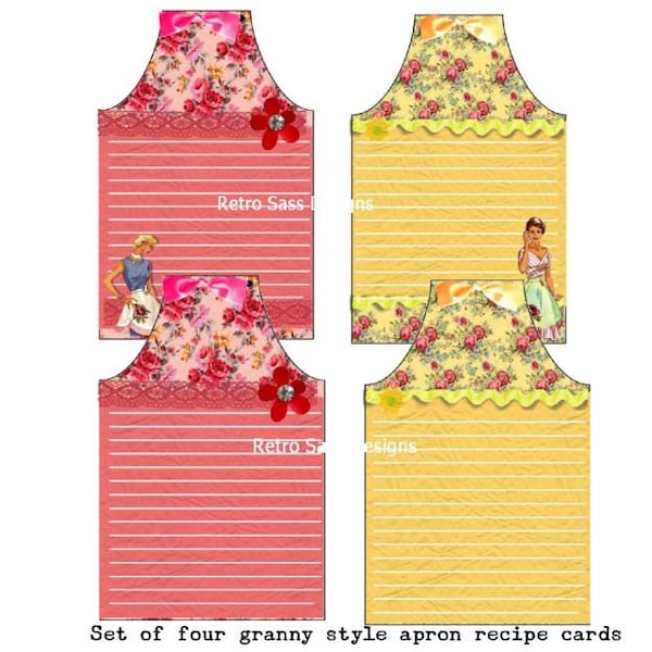 NEW 4  RETRO 1950'S inspired cards grandma's apron style set of 4- digital delivery
